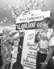 Mike McKenna (left) and Mark Caliri celebrate the Spirit of Giving’s $1 million milestone. Photo by Nathalie Walker, staff photographer.