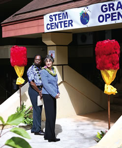 Gov. Linda Lingle and Kapiolani Community College interim chancellor Leon Richards prepare to enter the newly renovated STEM (science, technology, engineering and math) Center. Photo by Wilson Lau.