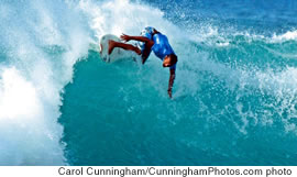 Frederick Patacchia of Hawaii successfully backsides the lip at Sunset Beach to seal his third place finish in the O’Neill World Cup of Surfing Dec. 3, 2004. The O’Neill World Cup is the second jewel of the Vans Triple Crown of Surfing, the final competition in the year-long round-the-world championship tour of the Association of Surfing Professionals