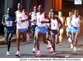 Eventual winner Jimmy Muindi (No. 1) leads the pack early in the race. Three-time champion Mbarak Hussein (No. 3) finished second