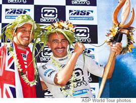 Billabong Pro Tahiti winner Bobby Martinez (Santa Barbara, Calif.) and runner up Fred Pattachia Jr. (Hawaii) celebrate their first ASP WCT final together