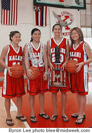 With the spoils of victory, from left, Nicole Isemoto, Megan Kamehiro, Mana Camara and Kerru Chikamori