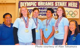 Straight shooters: from left, assistant coach Alan Tokumura, Simone Riford, Rachel Tochiki, Heather Horn and coach Karen Finley