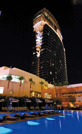 The iconic PLAYBOY rabbit head emblazoned on the side of the Palms Fantasy Tower, facing the Las Vegas Strip