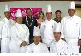 (from left) Joon Lee, Lockbeth Eguchi, Bob and Janice Senga, Jason Mahon, Alan Wong, Jaime Galat, Simon Kuan and Mixed Plate Scholarship winner (front middle) Colin Sato