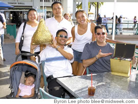 Team MidWeek: (front from left) Kylie Moniz, James Moniz, Jon Mann, (back) Tracy and Russell Kaya and the author celebrate their win with the golden chicken and treasure box