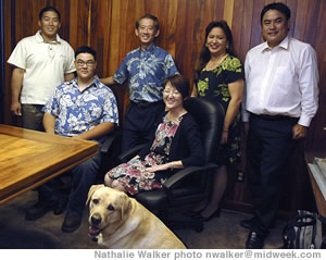 Air Reps staff (from left) Clement Ching, Brian Houghton, Jason Fujihara, Gail Miyamoto, Lisa Deuhaylonsod, Brian Nakamura and Barney, unofficial office pooch