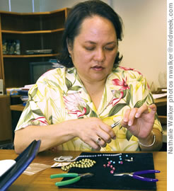 Dr. Fukino beading during lunch to relax