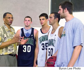 Coach Bob Nash with, from left, P.J. Owsley, Stephen Verwers, Alex Veit and Todd Follmer