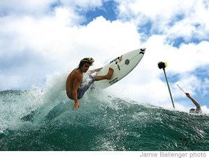 Photographer Jamie Ballenger will be getting more shots like this one of top amateur performances at the Burger King State Championships Thursday through Saturday at Ala Moana Bowls — notice the high-tech camera apparatus over and behind the wave