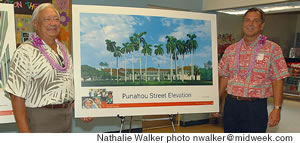 On April 18, Shriners Hospitals for Children kicked off its first-ever capital campaign, “Every Step is a Victory,” to upgrade its current Punahou Street building. Oswald Stender (left) and Allan Dowsett (right) display a likeness of the renovated hospital building