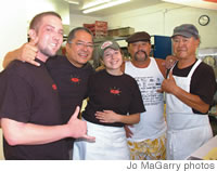 Jason Walter, Hank Adaniya, Ashley Brooks, customer China Uemura and Gerald Aoki at Hank's Haute Dogs