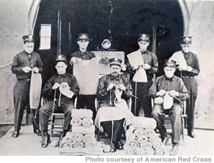 Firemen at the Makiki fire station knitting sweaters