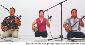 Kenton Odo, June and Calvin Nakama perform with their shamisen