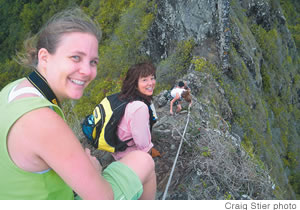 The author, left, and Jean Tsukamoto prepare to make the descent