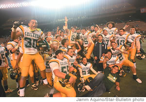 The fighting Mules celebrate their big win over heavily favored Saint Louis