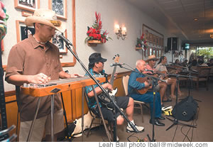 Paul Kim, Analu Aina, Eddie Kamae, Mike Kaawa and Dwight Kanae jam at Honey's