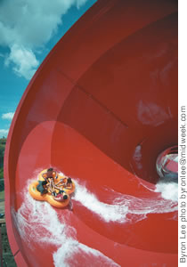 The author (top, facing) takes his first screaming plunge into the Tornado