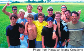 (front, from left) Kekoa Bacalso, Hank Gaskell, David Aluli, Jeremy Jonhston, Joel Centeio, Jimmy Tsukayama, and (back row) Bert Ishimura, Peter Miller, Jason Bogle, Joe McNulty and Lance Gentry. Photo from Hawaiian Island Creations.