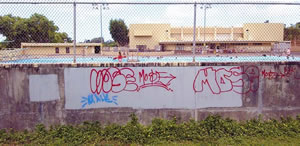 Signs of the growing graffitti outbreak on Oahu stand out on the walls of Kaneohe’s public swimming pool, which also has a busted water-heating pump. Photo by Byron Lee, staff photographer.